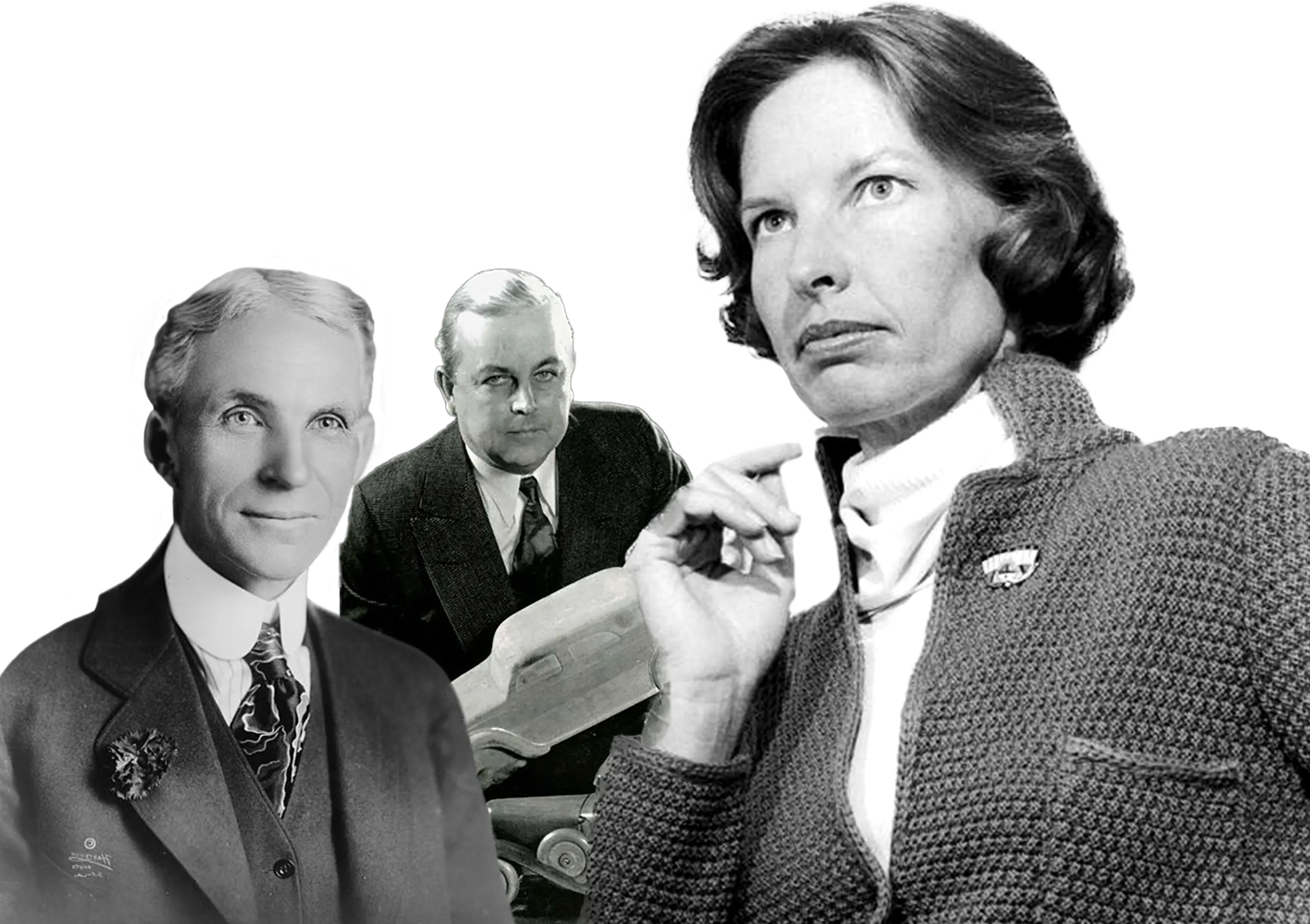 Composition of old black and white photos of Henry Ford, Janet Guthrie and Carl Breer