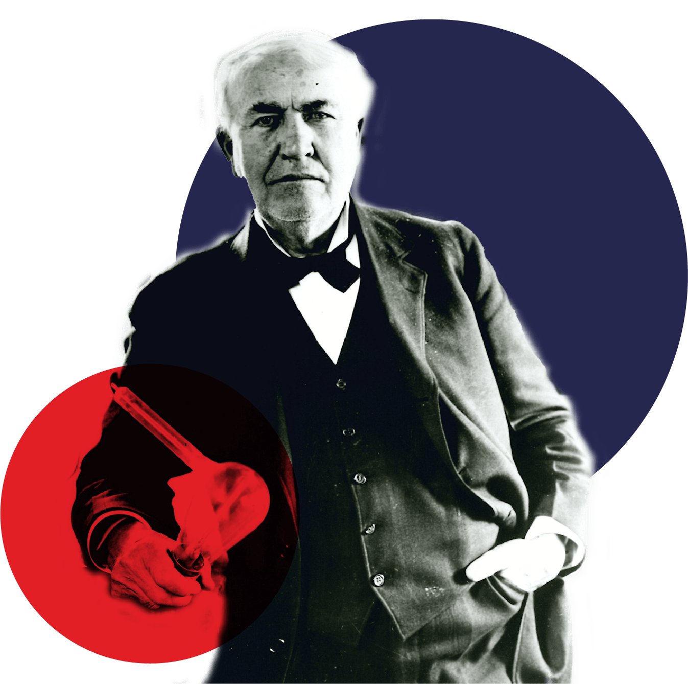 Composition of an old black and white photo of Edison with the brand blue and red circles.