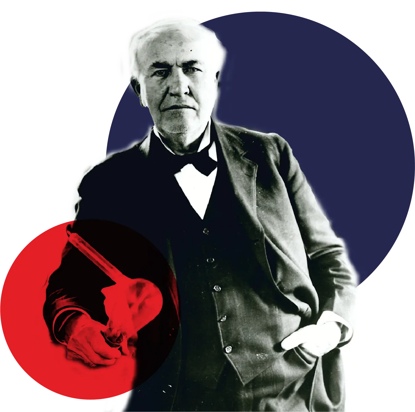 Composition of an old black and white photo of Edison with the brand blue and red circles.