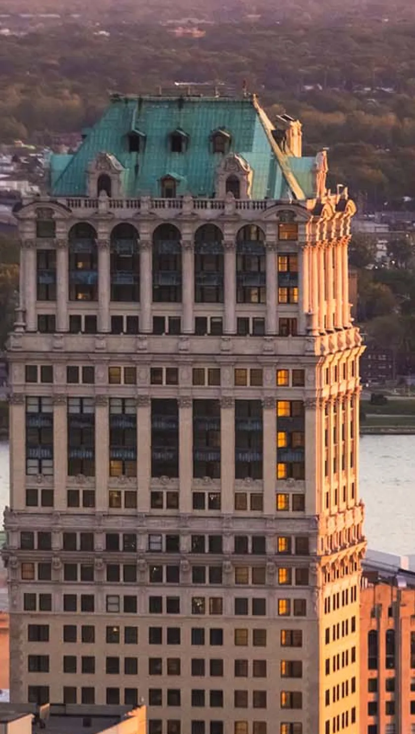 Photo of the top of the tower during a sunset.