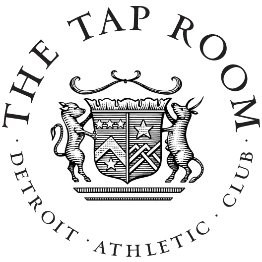 The Tap Room brandmark with a classic stars, mountains and animals shield emblem in the center with the wordmark around in a circle