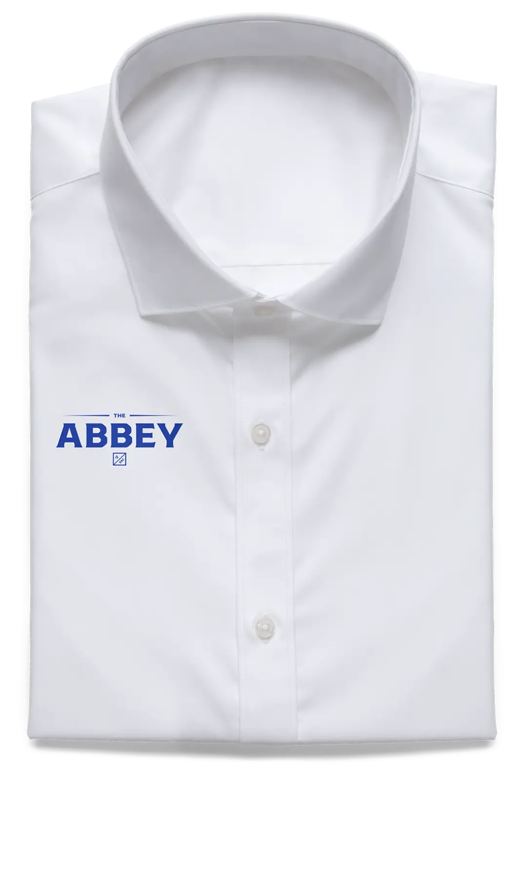 A mockup of a folded white shirt with the Abbey logo on below the right collar
