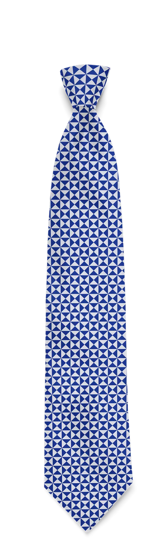 A mockup of a tie with the repeating blue and white triangle pattern