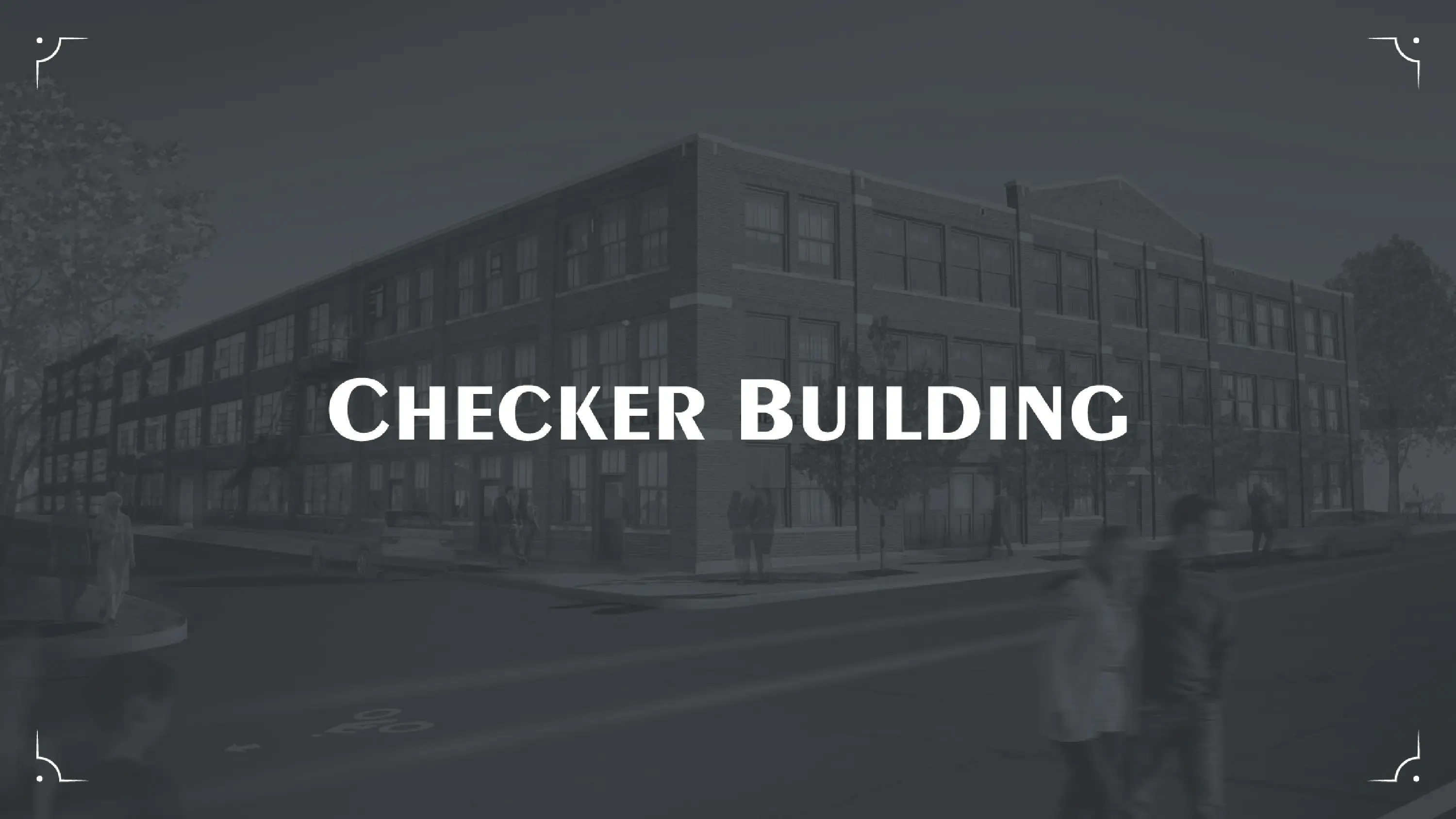 Checker Building wordmark against a stylized photo of the building