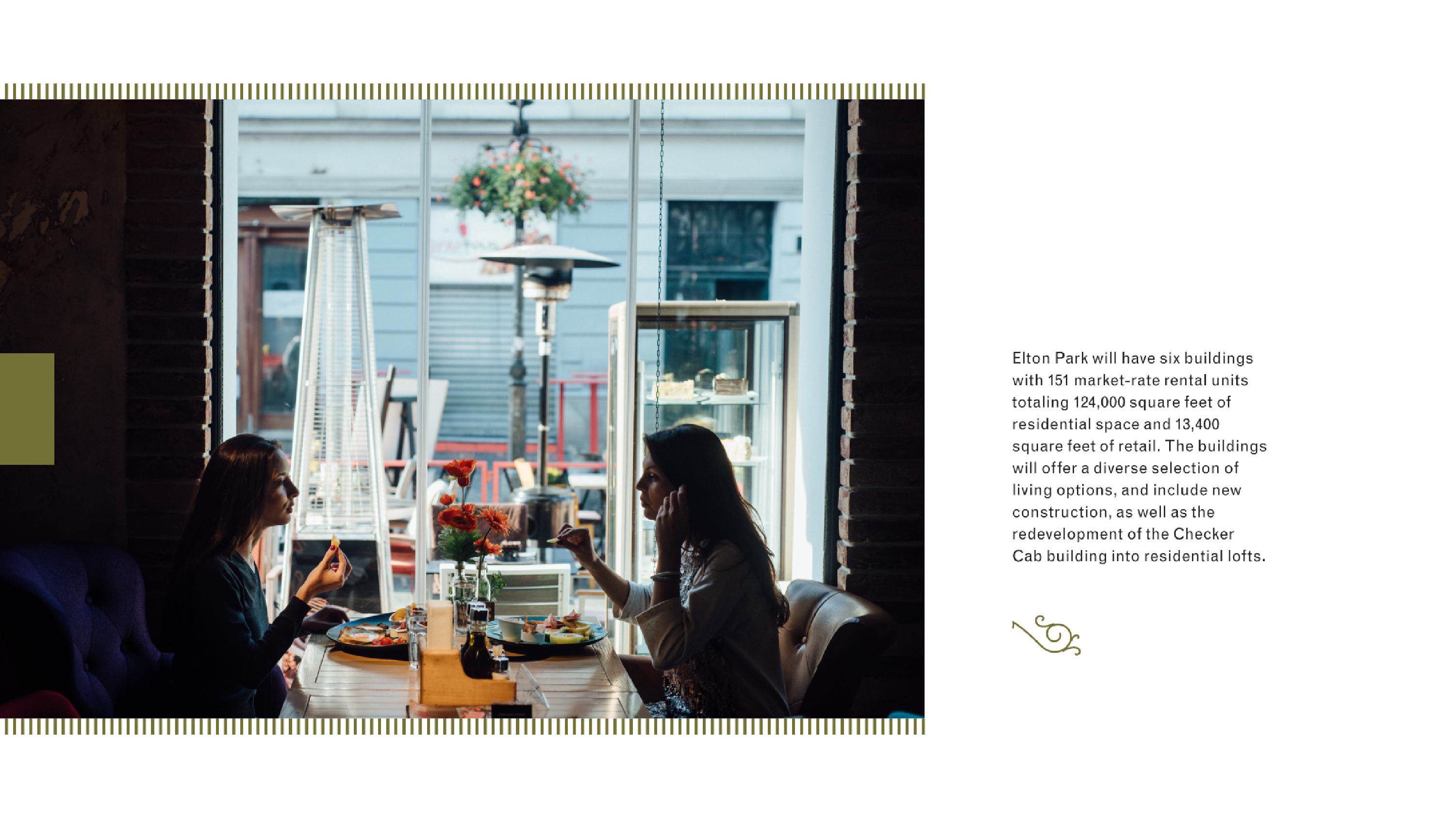 A panel from the identity guide - a photo of people sitting down at a local restuarant with a brief copy dscribing of the Elton Park project