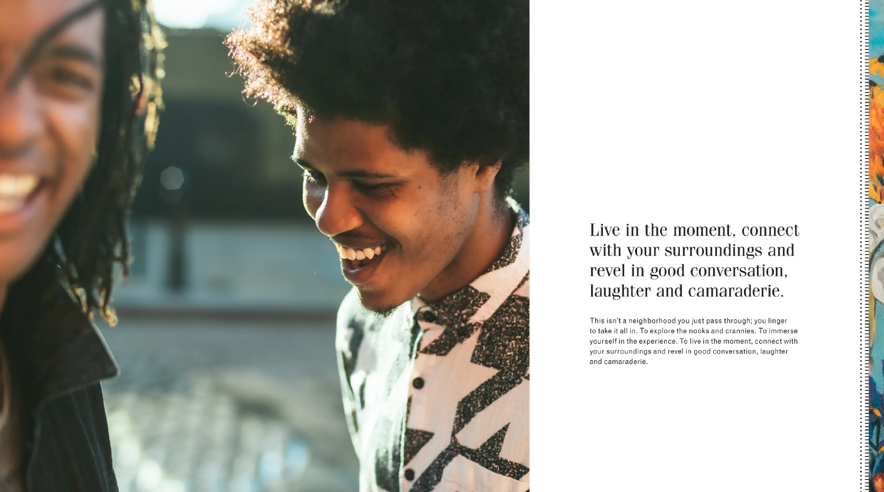 A panel from the identity guide - a photo of a couple of young urban men with the brand proposition copy. 