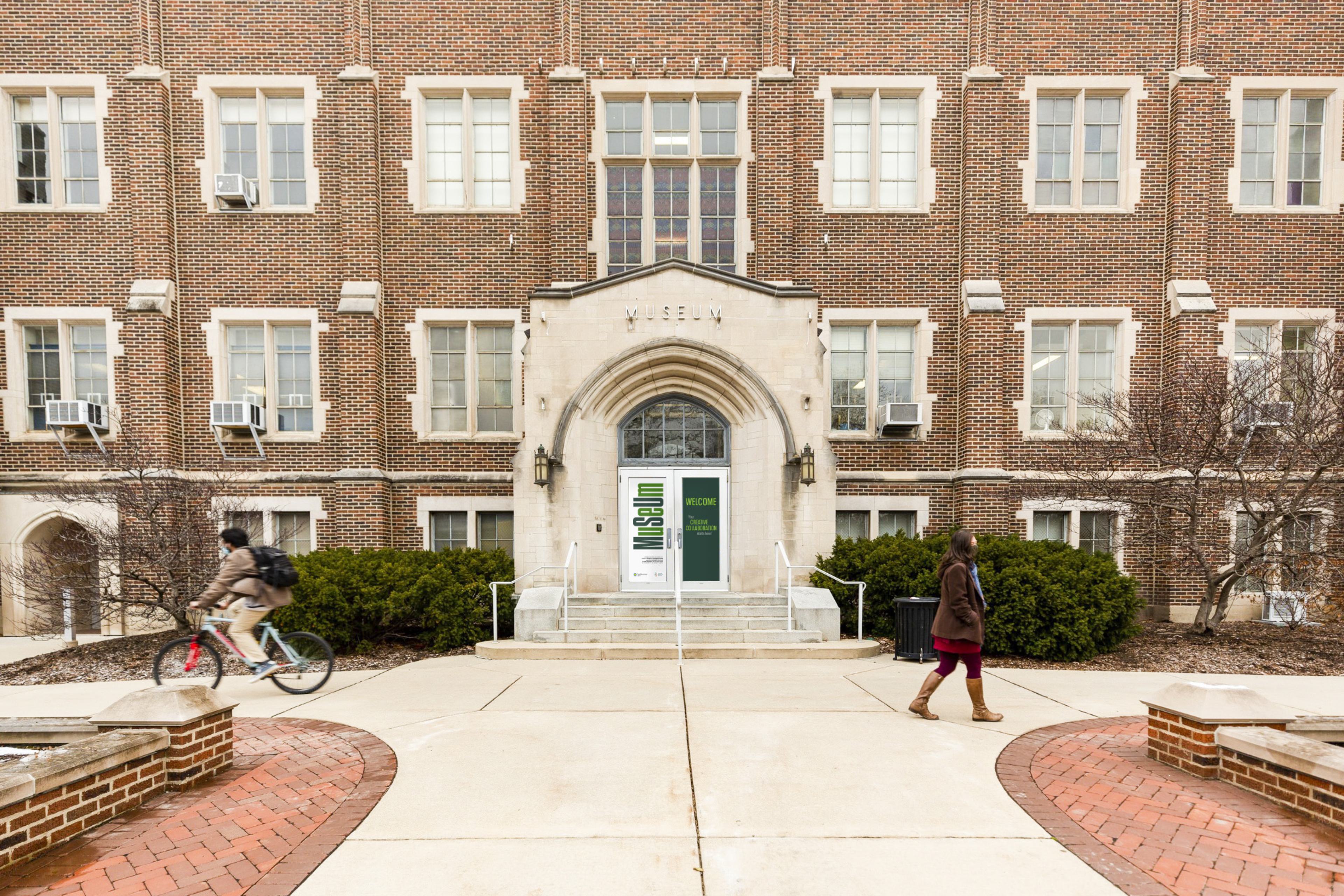 a photo of the museum's main enterence with the new door graphic