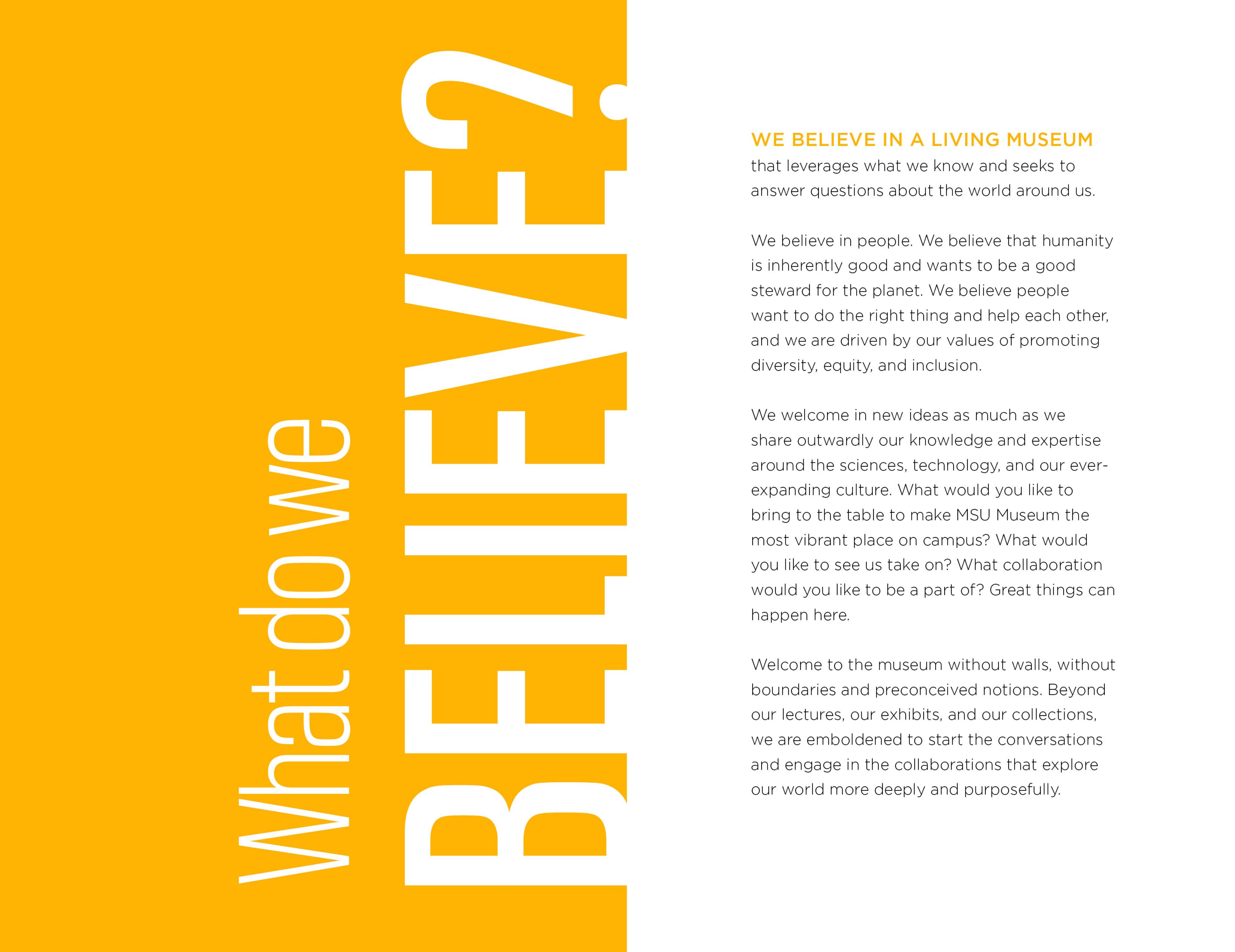 a page from the identity guide - 'What do we believe? We live in a living museum.'