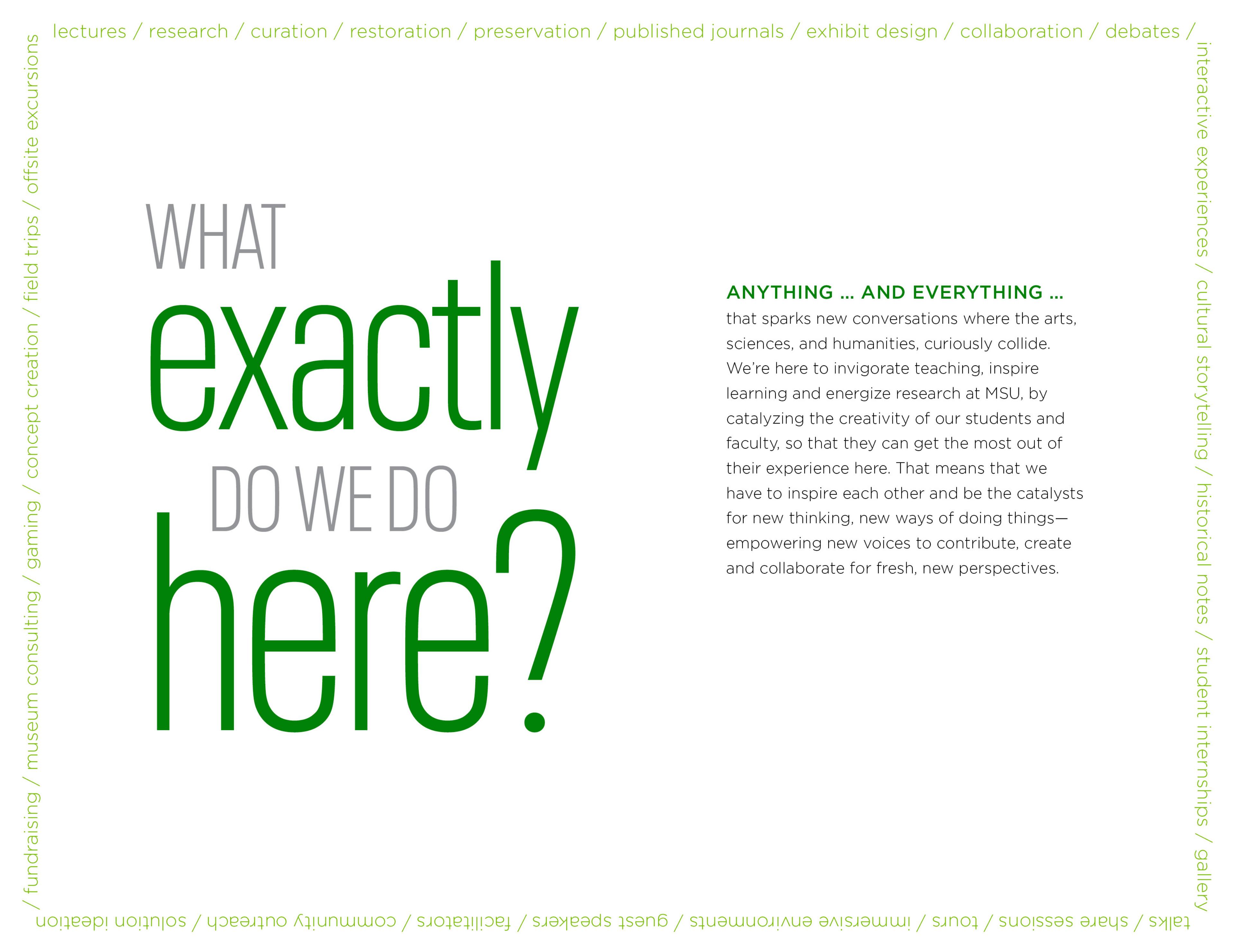 a page from the identity guide - 'What exactly do we do here? Anything and everything'