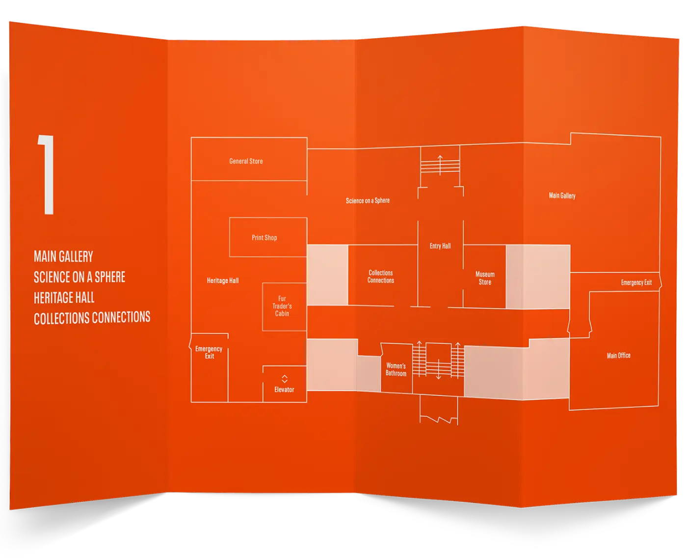 a mockup of the museum's 1st trifold floor floorplan/map.