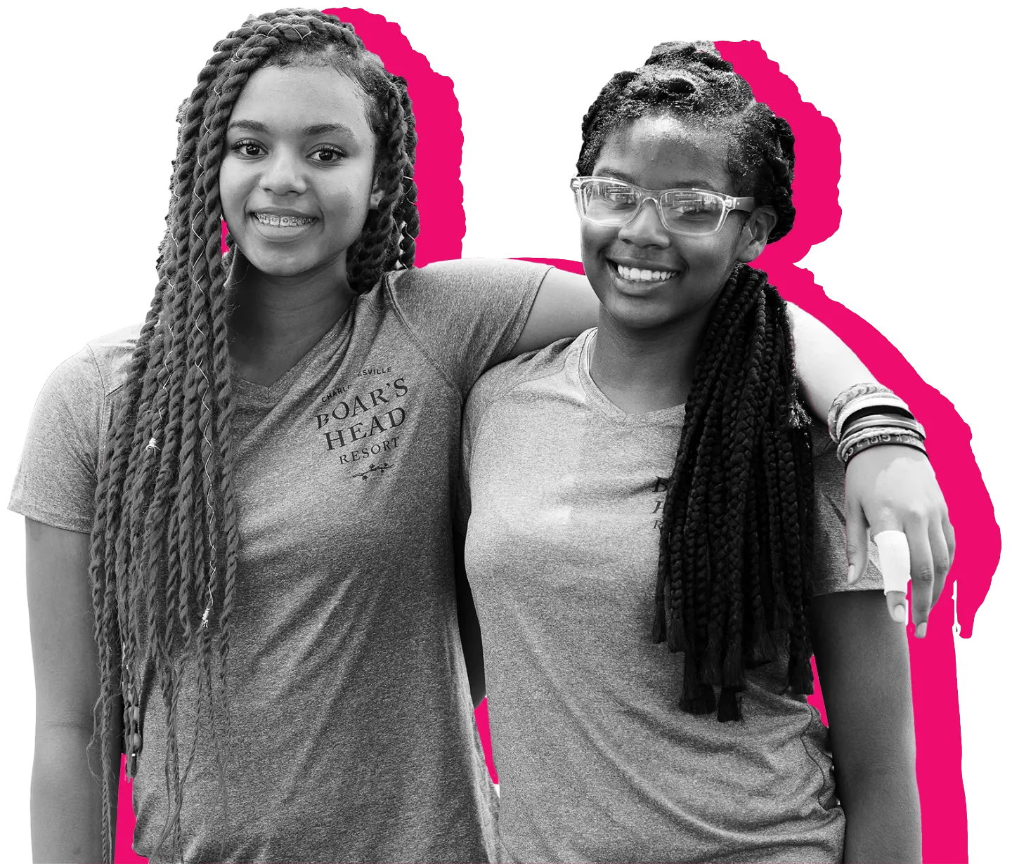 a black and white photo of Alani and Ta'nia together set against the brand pink outline.