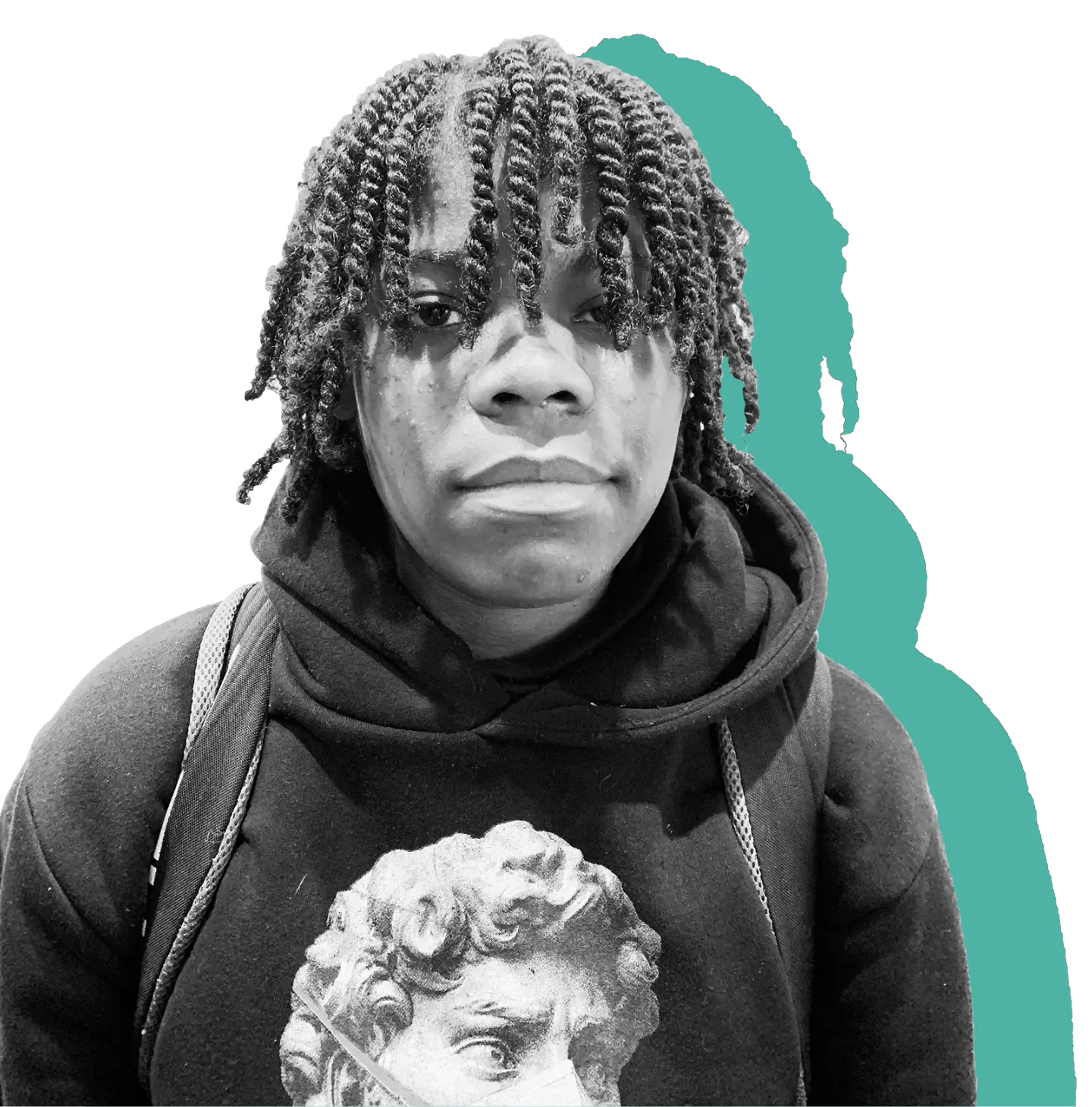 A black and white portrait of Khalif Edwards set against the brand green outline